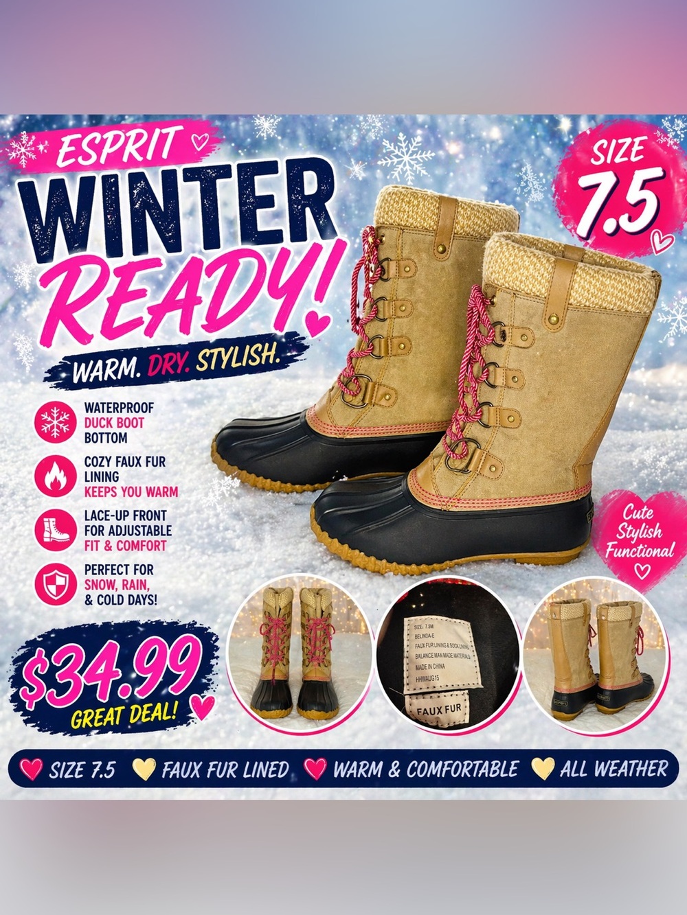 Esprit Tan, Black & Pink Lace-Up Waterproof Winter Boots